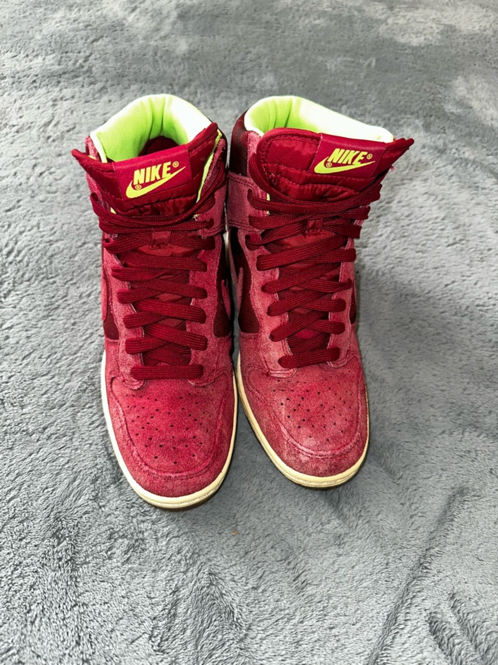 Nike Women’s Burgundy Suede High-Top Sneakers with Neon Green Lining